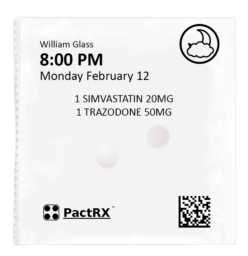 PactRX dose pack — medications sorted by time of day with patient name, time slot, and QR code
